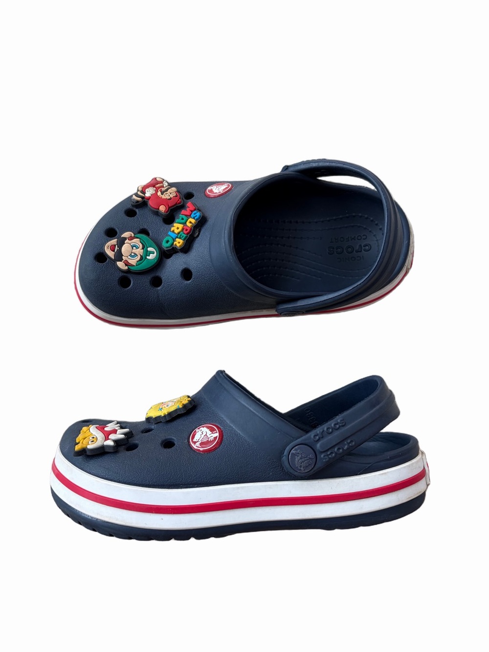 Crocs Toddler Size 11 Navy Crocband Slip On Clog Sandals with Mario Jibbitz